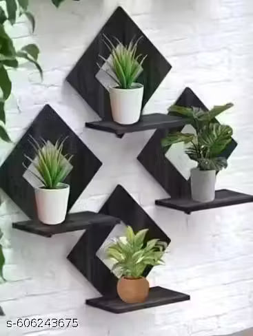 Set of 4 Black Wooden -Shaped Wall-Mounted Floating Shelves