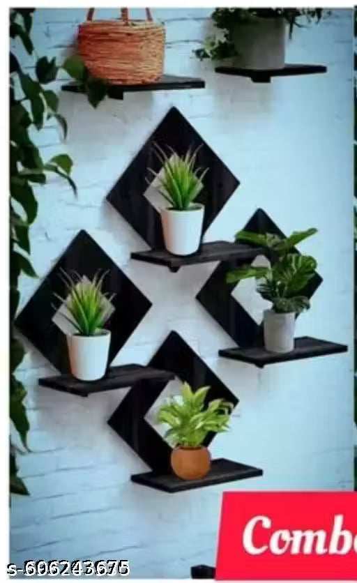 Set of 4 Black Wooden -Shaped Wall-Mounted Floating Shelves