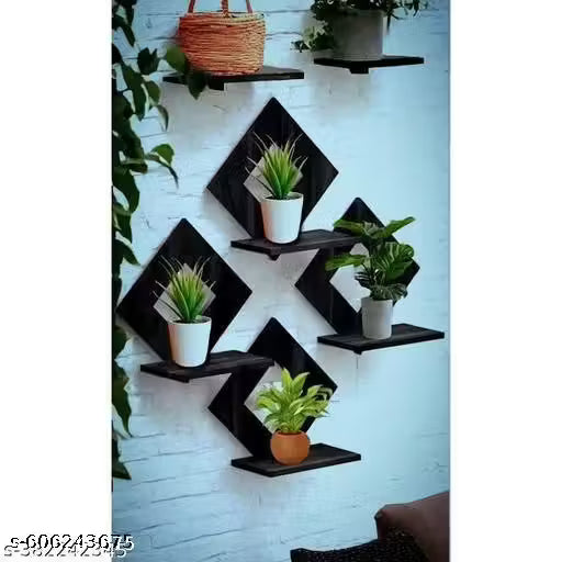 Set of 4 Black Wooden -Shaped Wall-Mounted Floating Shelves